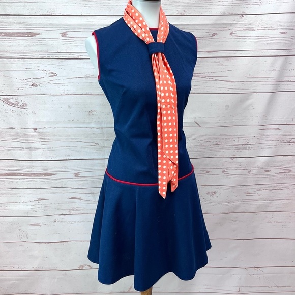 Vintage Mid Century Mod MCM Navy Polka Dot Neck Tie Scooter Dress - Picture 1 of 8
